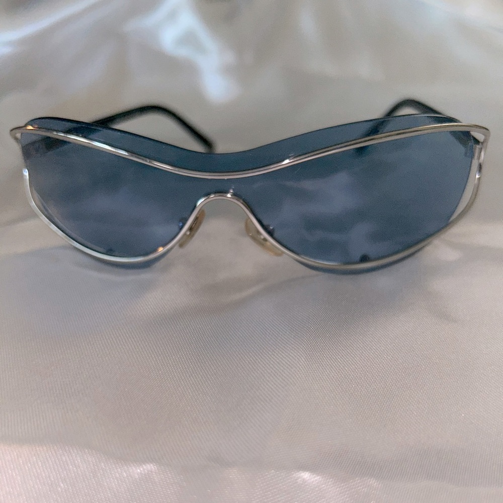 Chanel Oval Wrap Half Rim Vintage Silver Black Sunglasses PreOwned